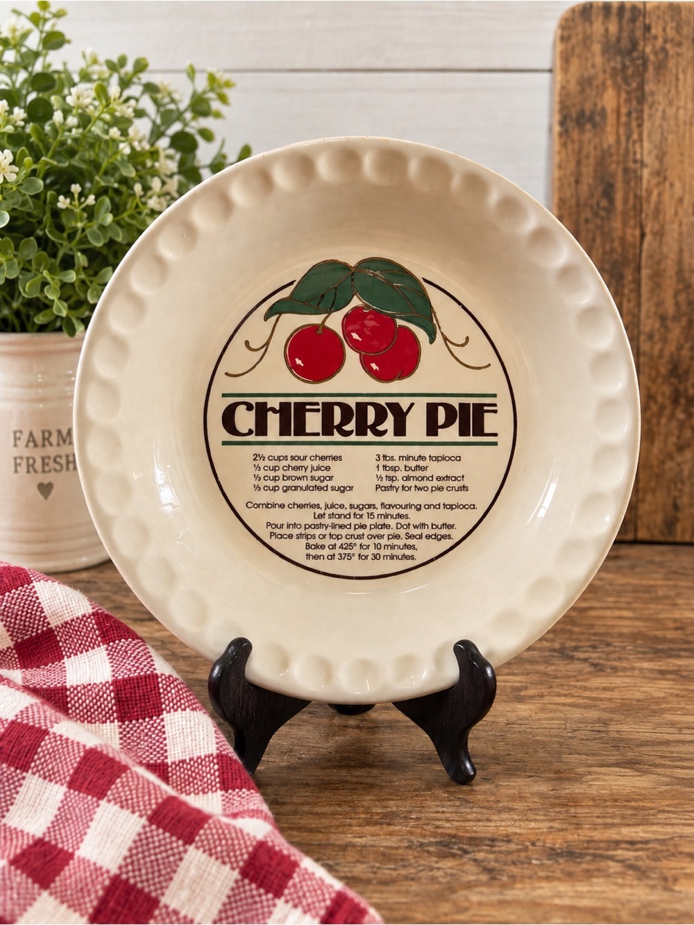 Cherry Pie Ceramic Pie Plate - Cream with Red Cherry Graphic